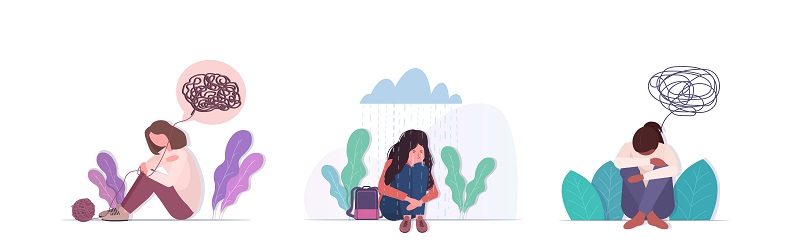 膝を抱えて浮かない表情の3人の女性のイラスト