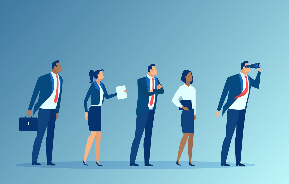 未来を見据えているビジネスマンのチーム リーダー、ついていくメンバー