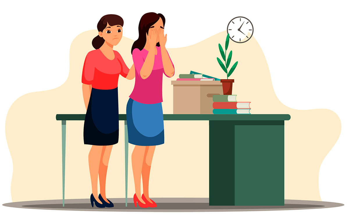 仕事を辞めることになった女性と慰める女性 イラスト