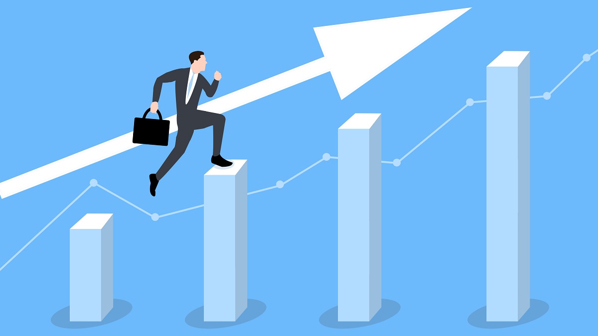 段々と高くなっていくグラフの上を走るビジネスパーソンのイラスト