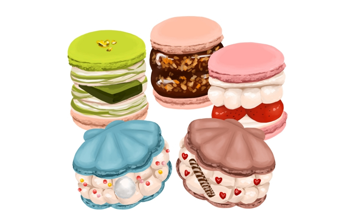 5つのカラフルなトゥンカロンのイラスト。貝殻のかたちをしたものも描かれている