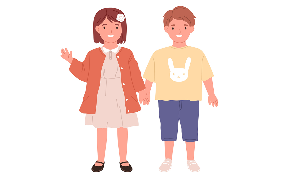 手を繋いでいる幼い姉と弟のイラスト