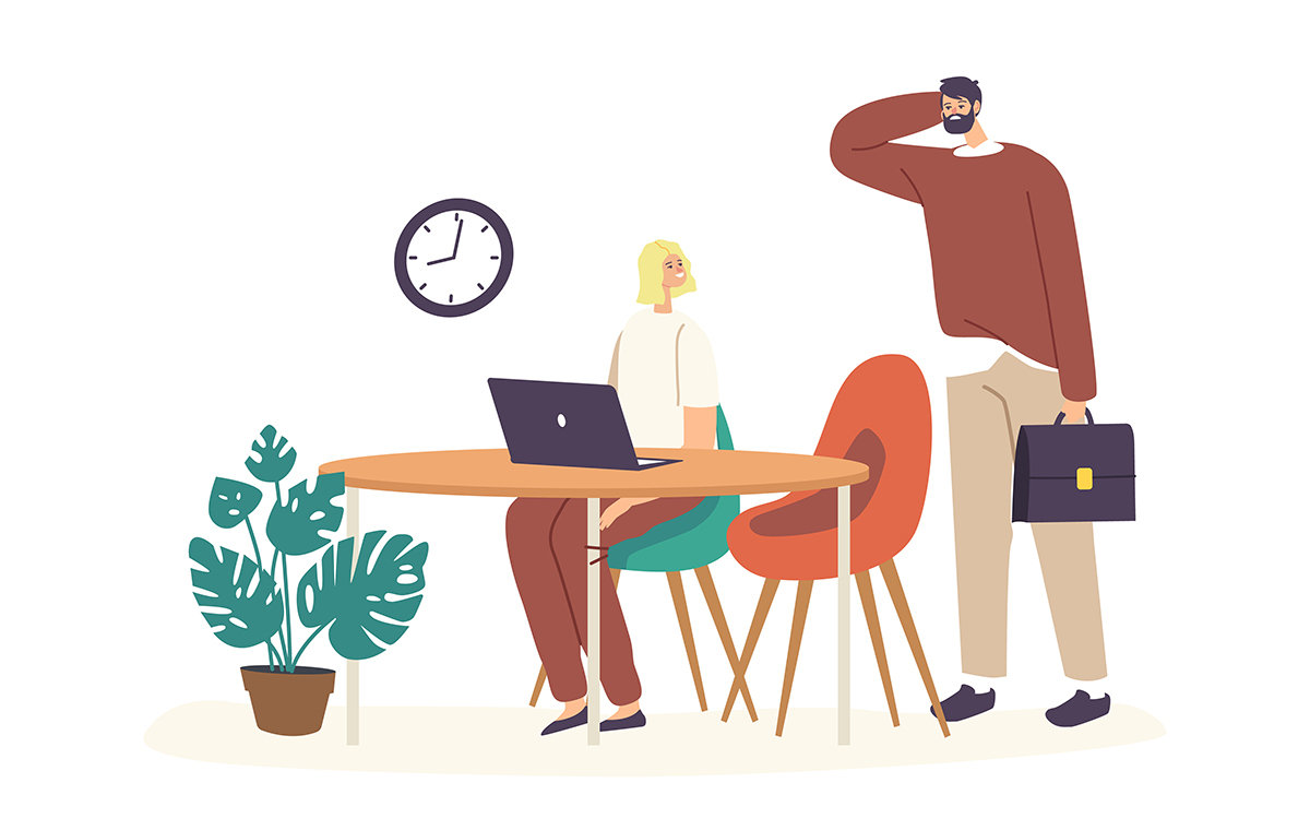 オフィスで遅刻を誤っている男性のイラスト