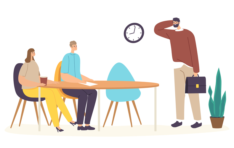 申し訳なさそうに遅刻する男性のイラスト