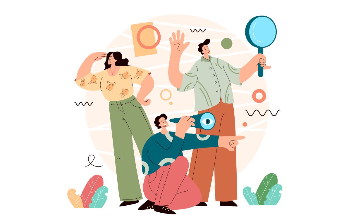 虫眼鏡や望遠鏡を手にしてのぞいている人々のイラスト