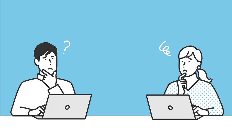 PC操作をしながら疑問を感じる男女のイラスト