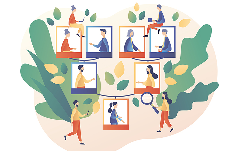 ポラロイド写真で表した家系図のイラスト