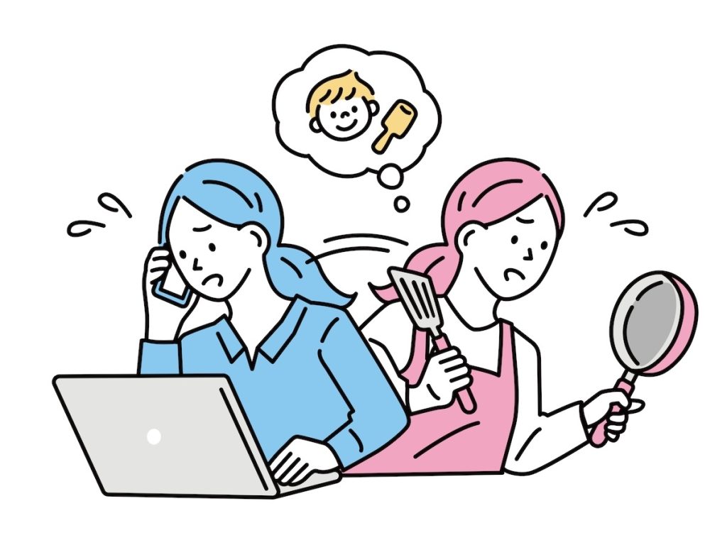 パソコンに向かったりキッチングッズを持ったりと慌ただしい人のイラスト
