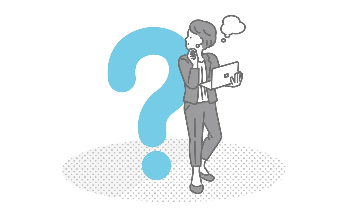 ノートPCを持ったビジネスウーマンが考えているイメージイラスト