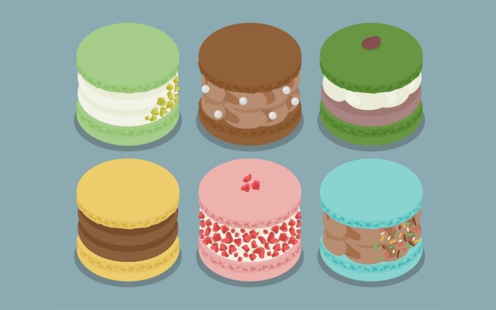 カラフルなトゥンカロンが6個ならんでいるイラスト