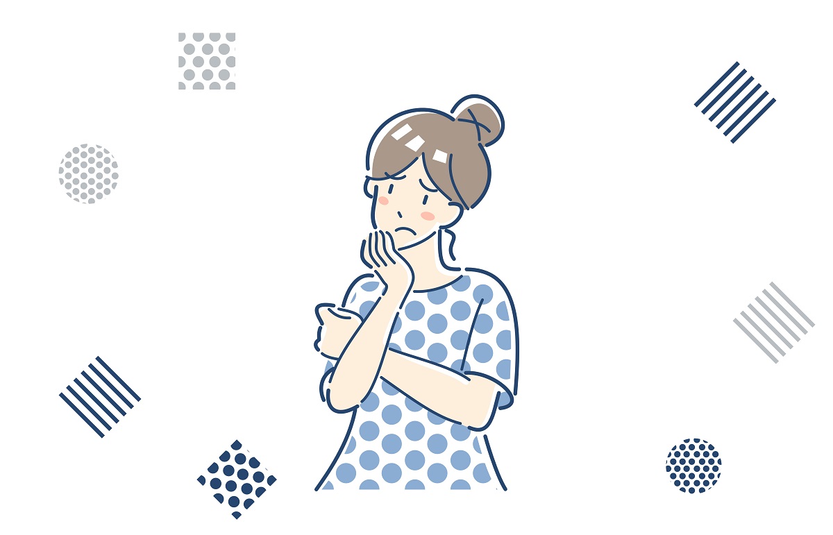 頬に手を当てて悩んでいる様子の人のイラスト