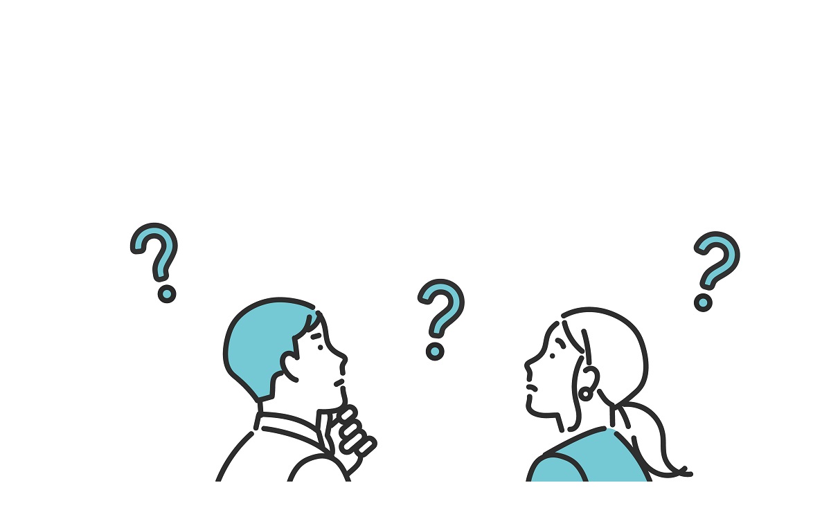 疑問を掲げる二人のビジネスパーソンのイラスト