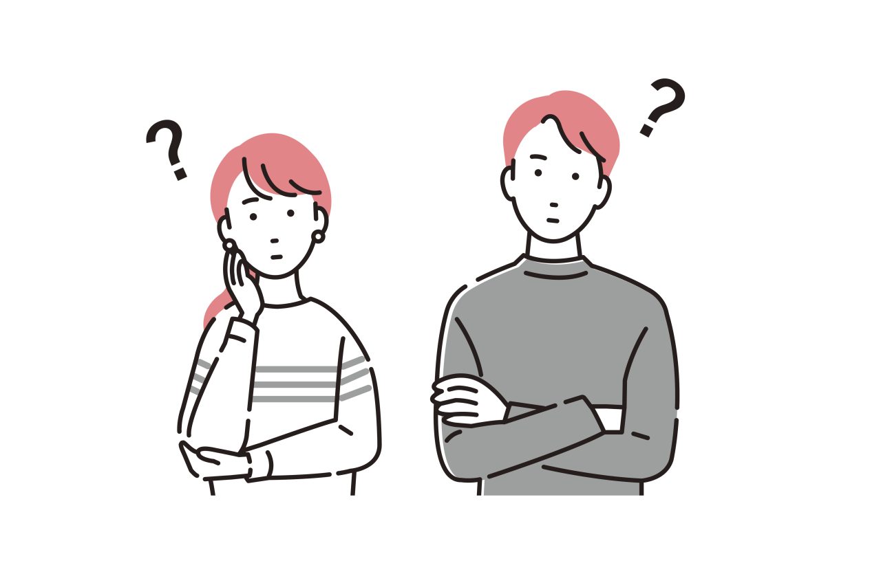 ?マークを出して考えている男女のイラスト