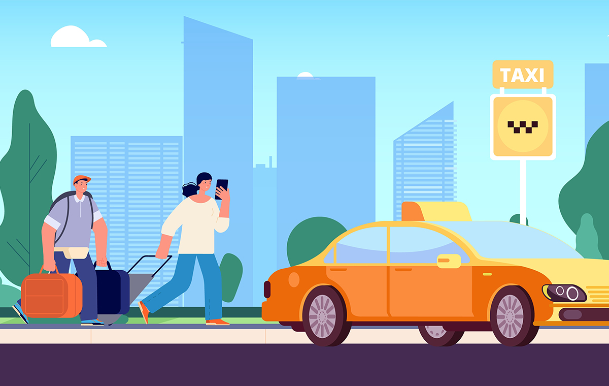 タクシーに向かって歩く男女 イラスト