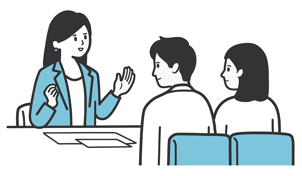 二人の男女に向けて説明する女性 イラスト