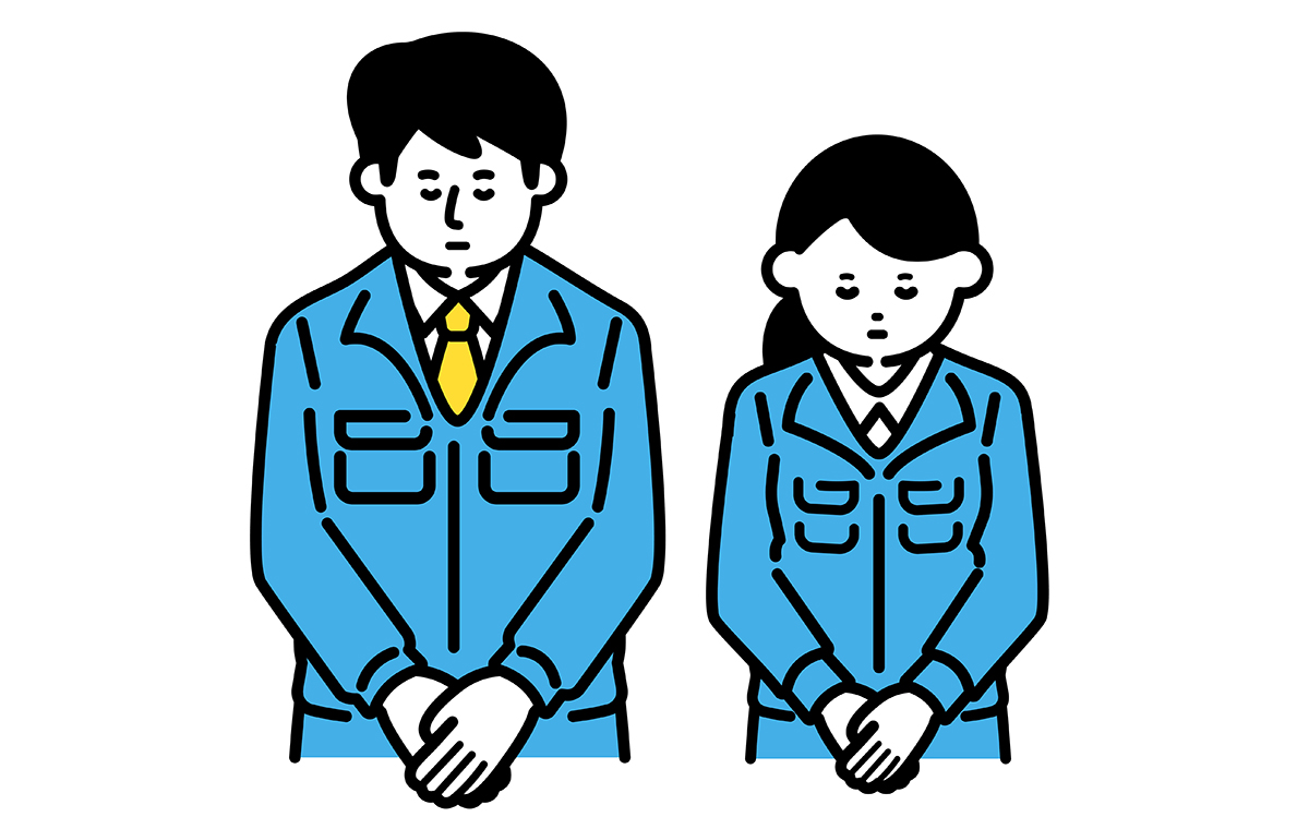 作業着を着ている男女2人が頭を下げているイラスト