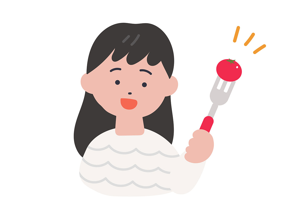 笑顔でトマトを食べようとする女児のイラスト