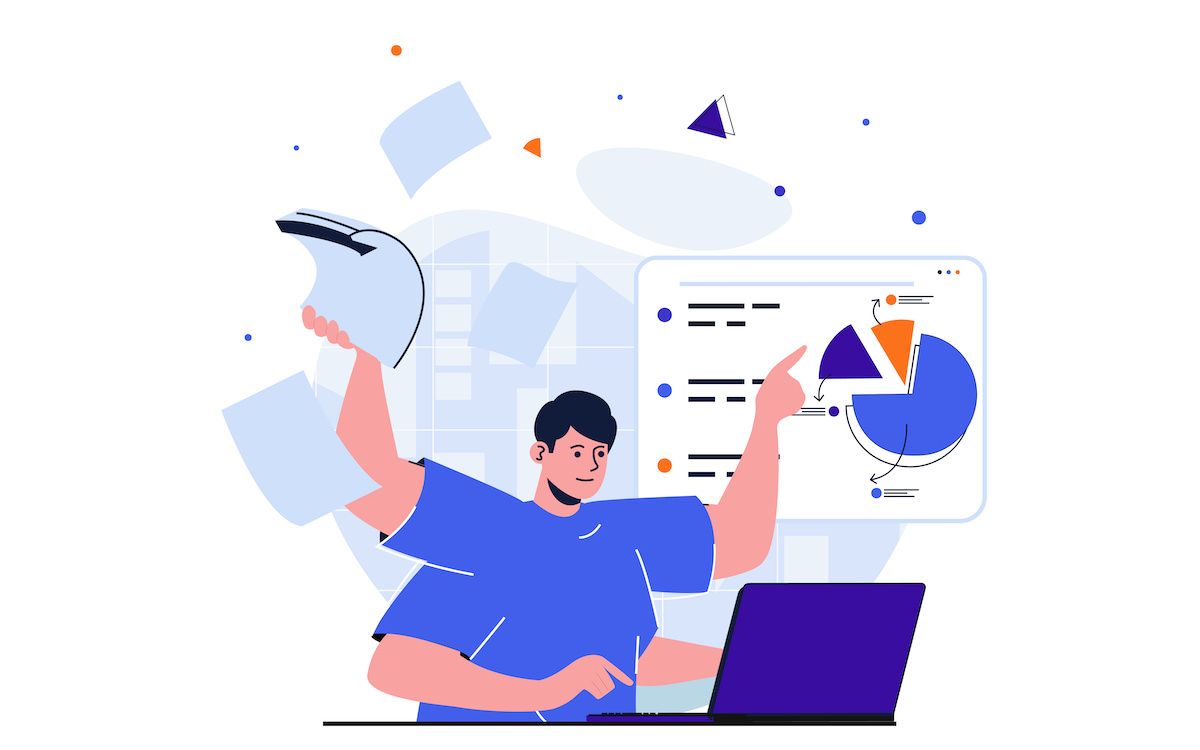 ラップトップで作業し、事務処理をし、データを分析し、財務報告書を作成するマルチタスクの人のイラスト