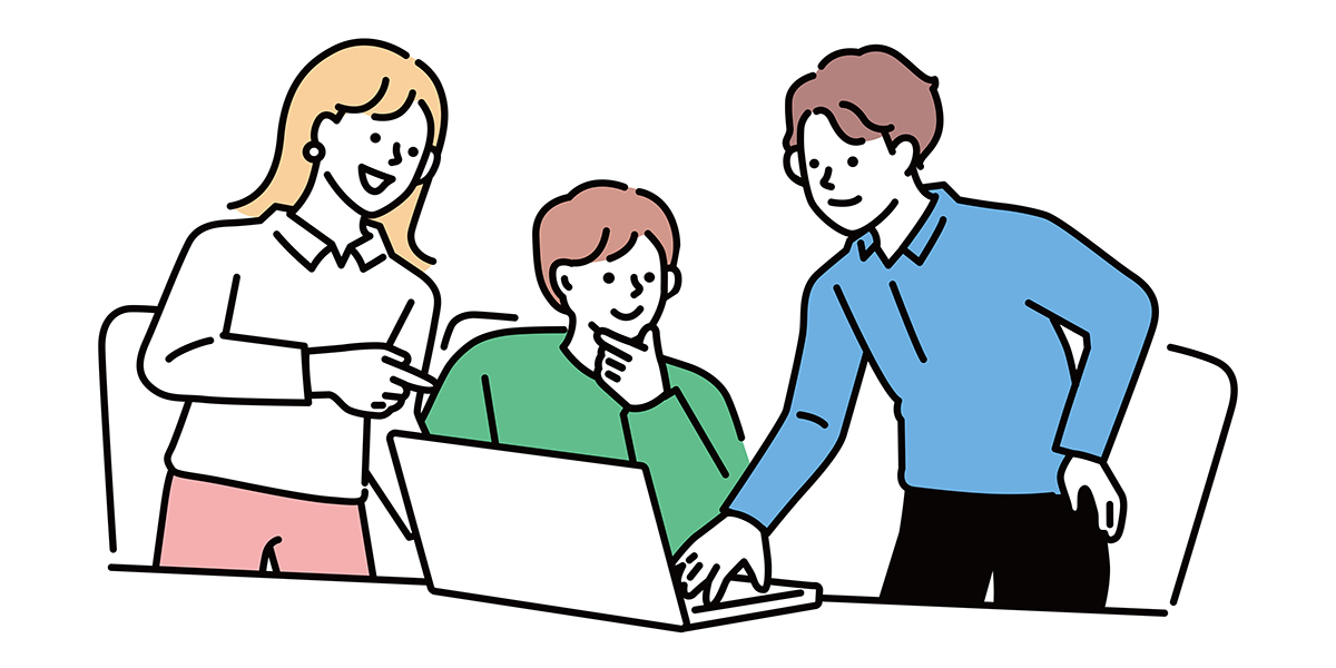 PCを前に話す男性と女性 イラスト