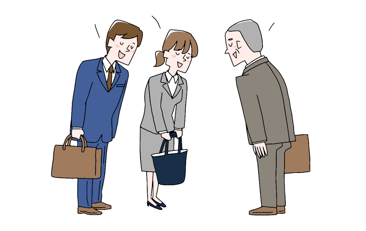 取引先の年配男性に挨拶するビジネスマンとビジネスウーマンのイラスト