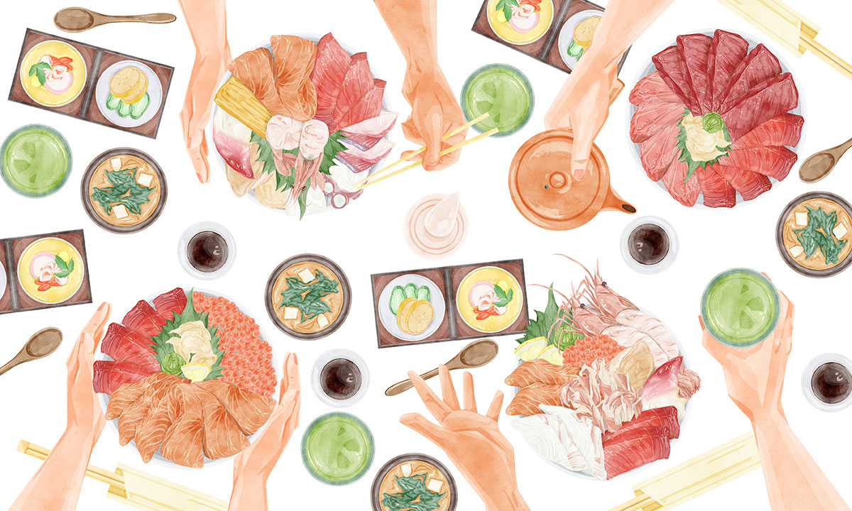 海鮮のごちそうを囲む人々のイラスト