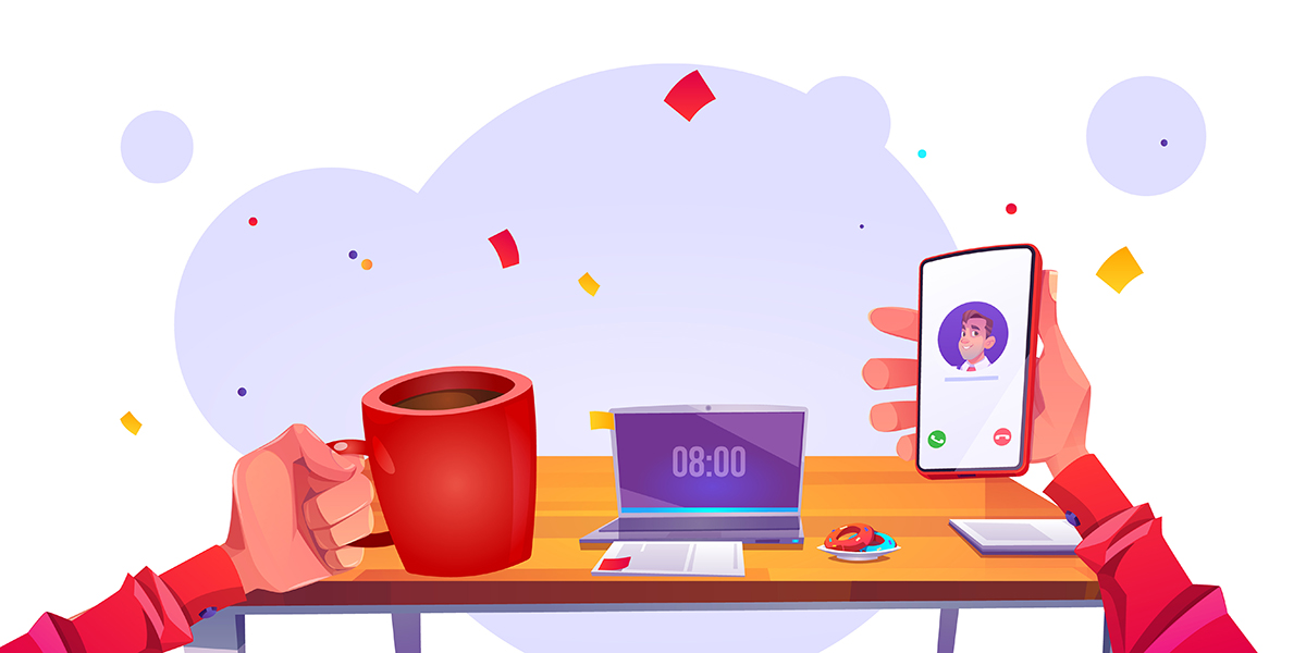 朝仕事を始める時のコーヒーやPCのあるデスク イラスト