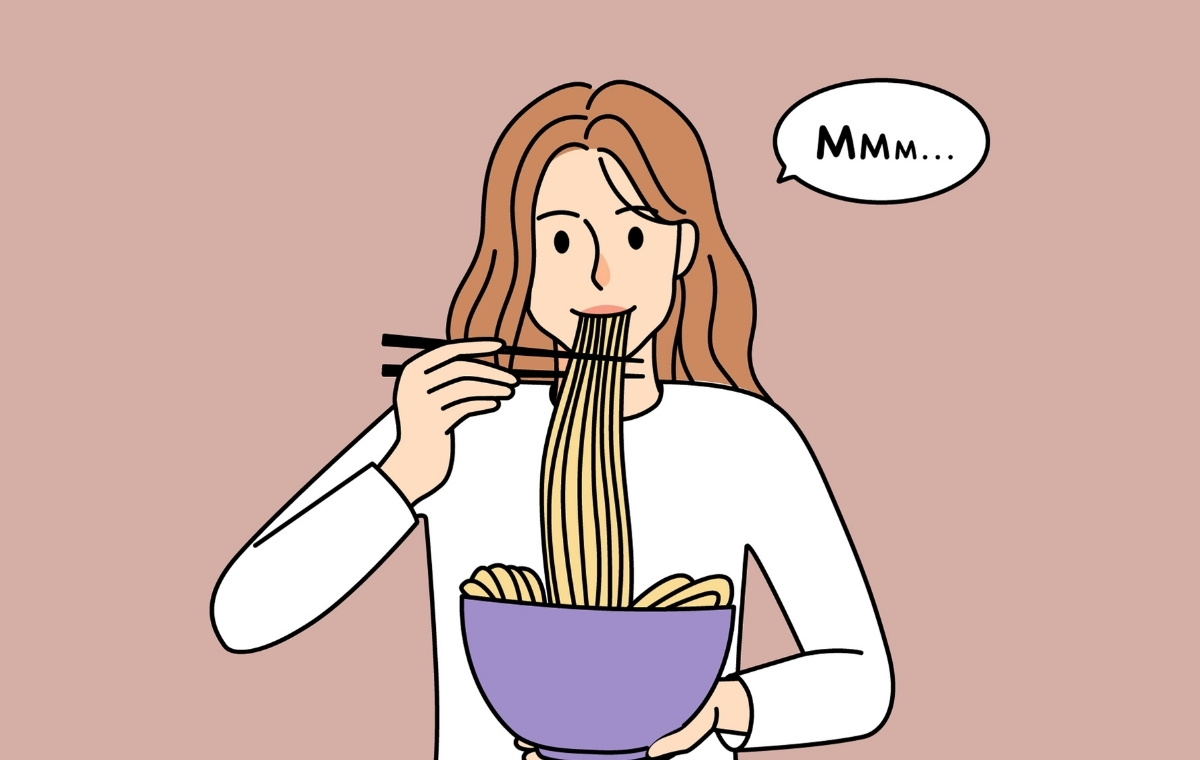 ラーメンをすする女性のイラスト