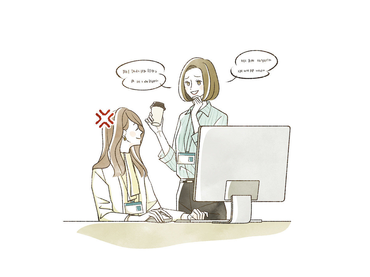 嫌味を言う人と聞きながらイラッとしている人のイラスト