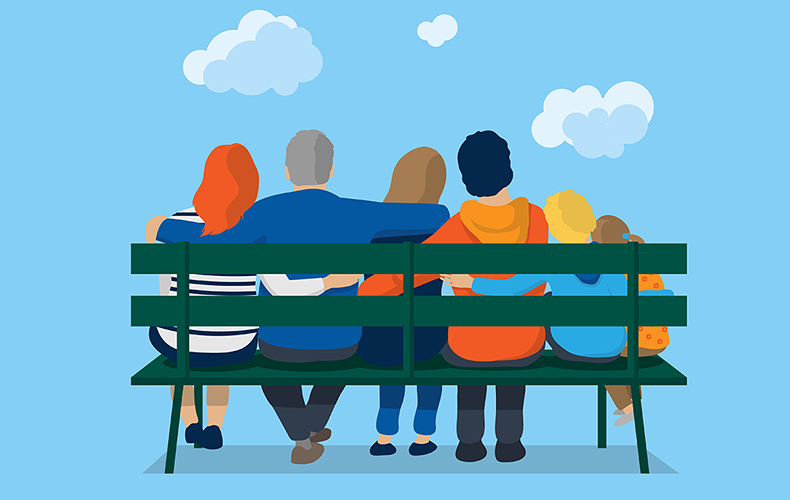 家族でベンチに座るイラスト