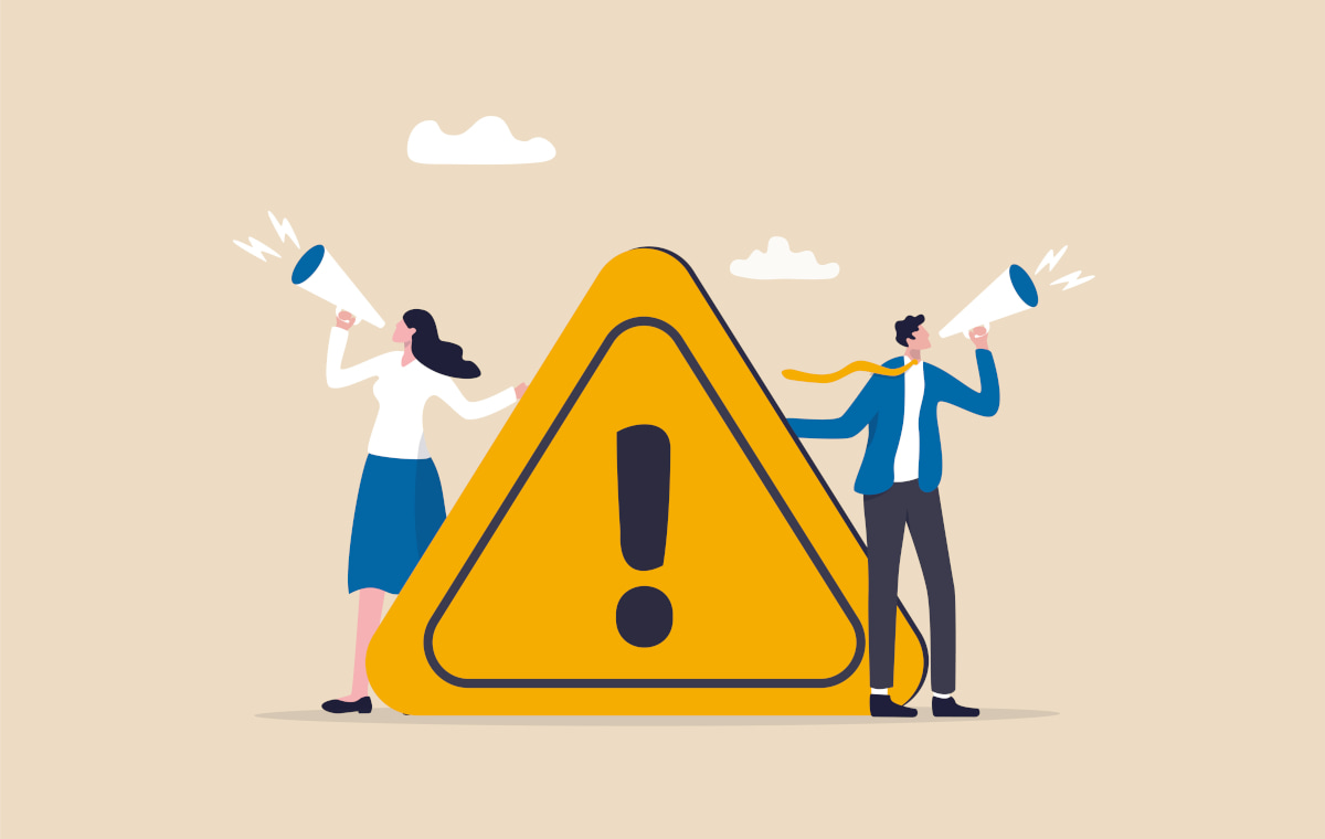 注意マークに片手をあて、メガホンで喧伝する男女のイラスト