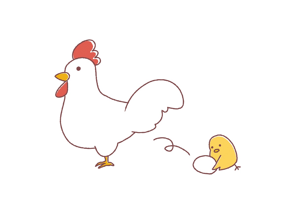 卵を産むニワトリ、拾うひよこのイラスト