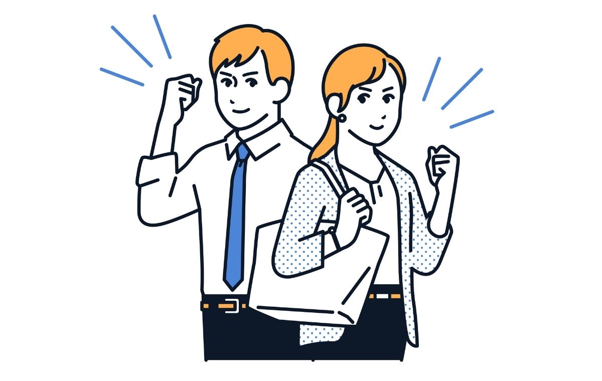ガッツポーズをするビジネスマンとビジネスウーマンのイラスト