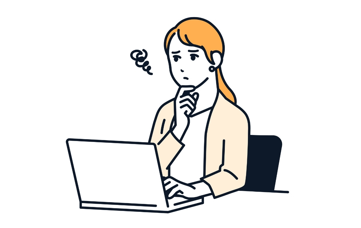 ノートパソコンの前で悩むビジネスウーマンのイラスト