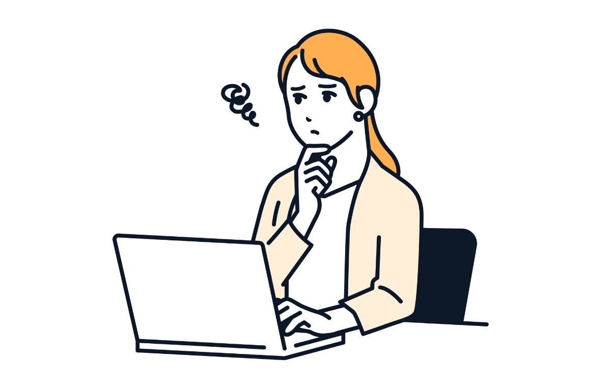 ノートパソコンの前で悩むビジネスウーマンのイラスト