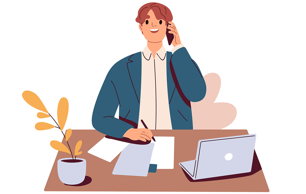 書類を手元に置き、メモを取りながら電話で会話をする人のイラスト