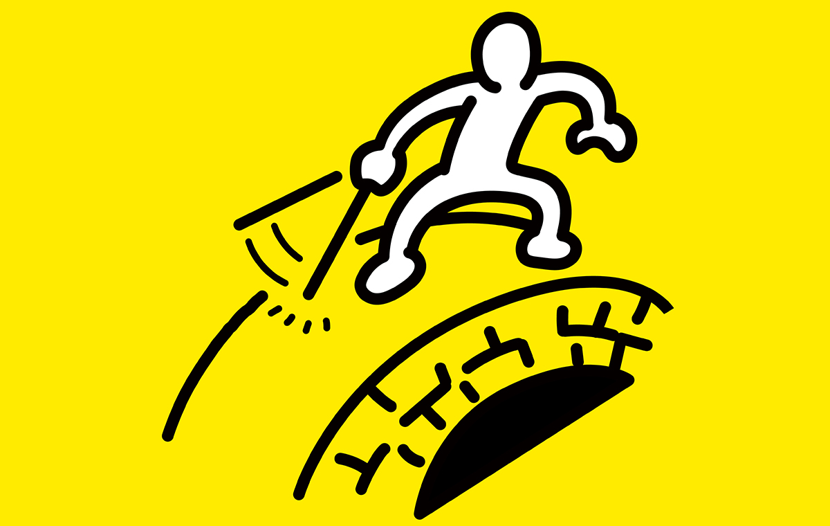 石橋を棒で叩いて渡る人のイラスト