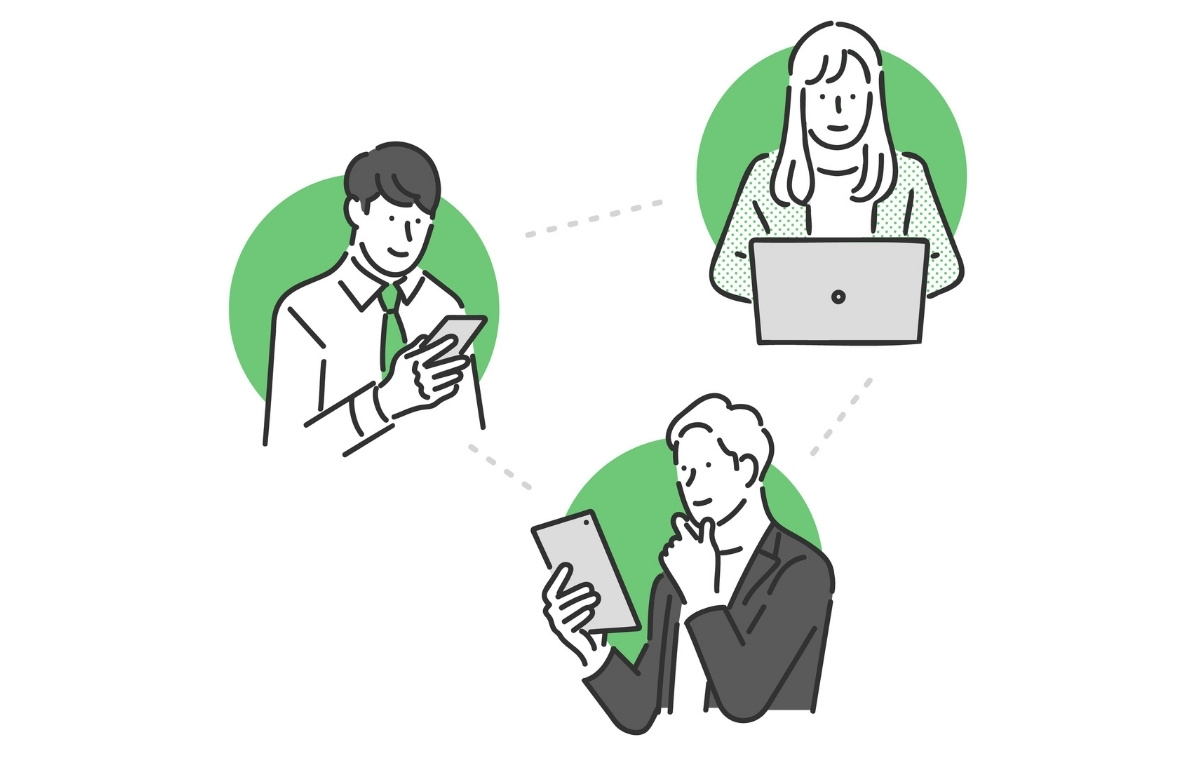 PC、メール、タブレットでやりとりするビジネスマンとビジネスウーマンのイラスト