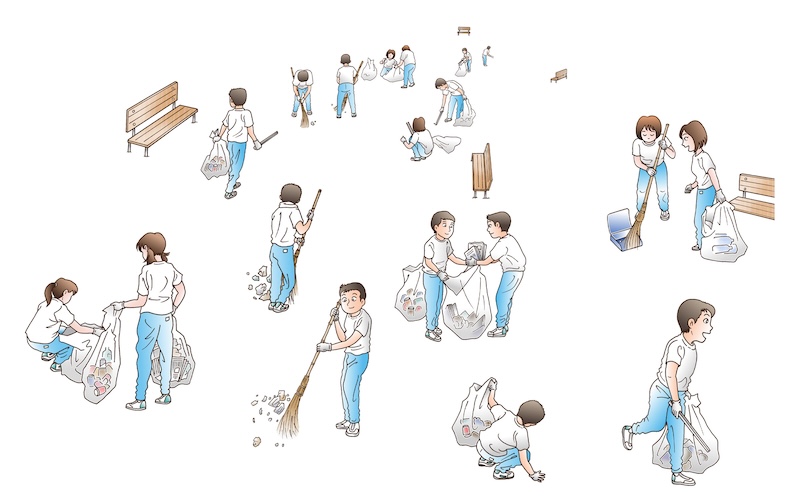 街の掃除をしている学生たちのイラスト