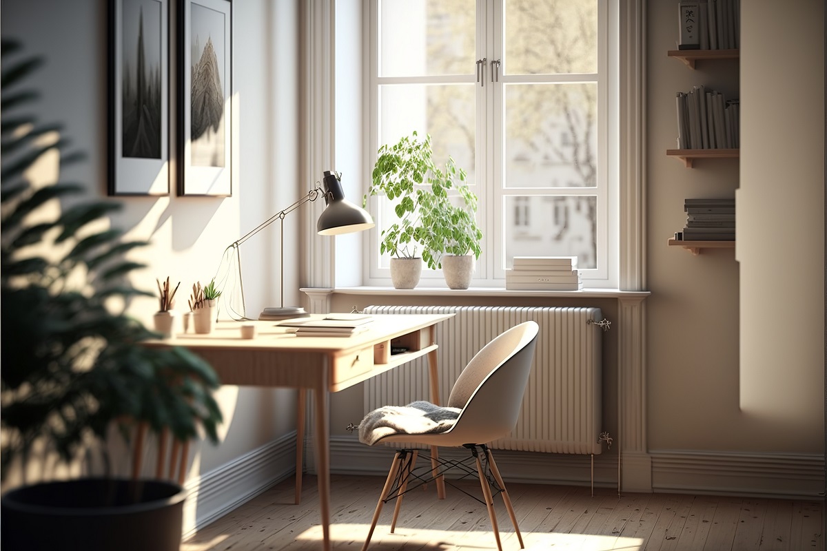 窓際に置かれたデスクと椅子の写真