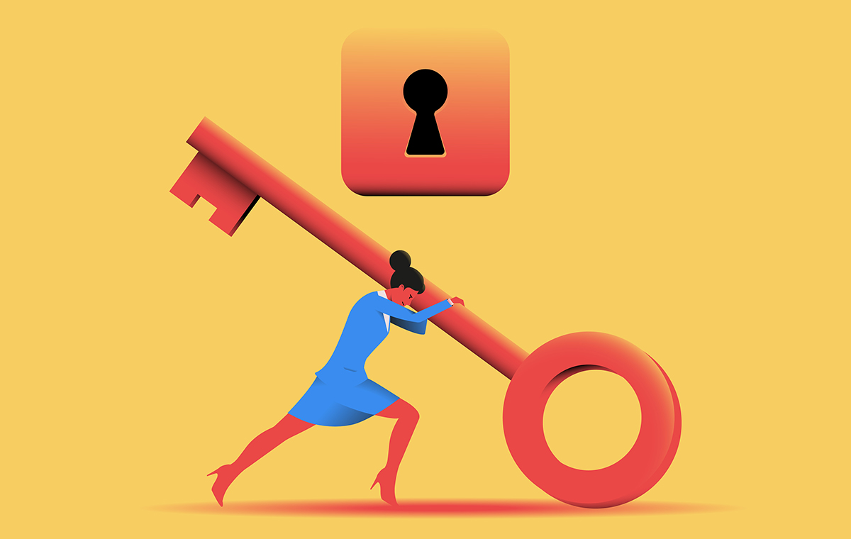 鍵を開けるためにトライする女性 イラスト