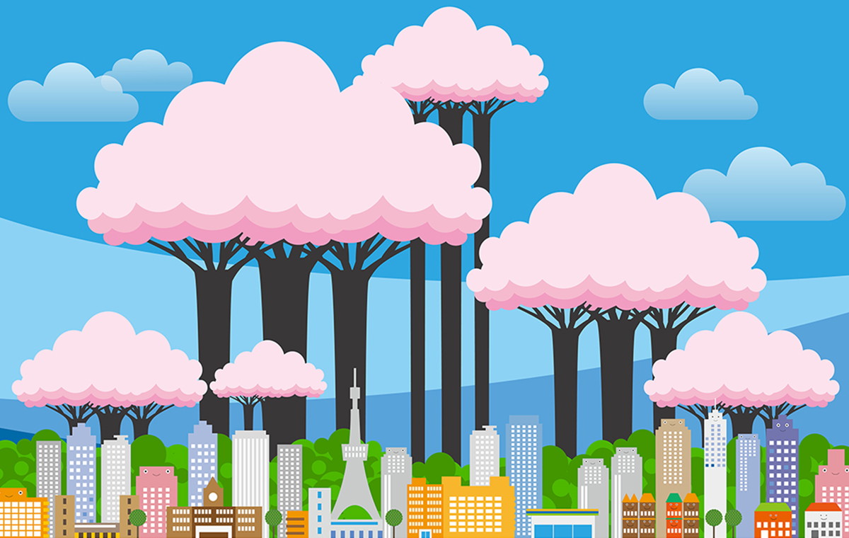 大きな桜の木と街並み イラスト