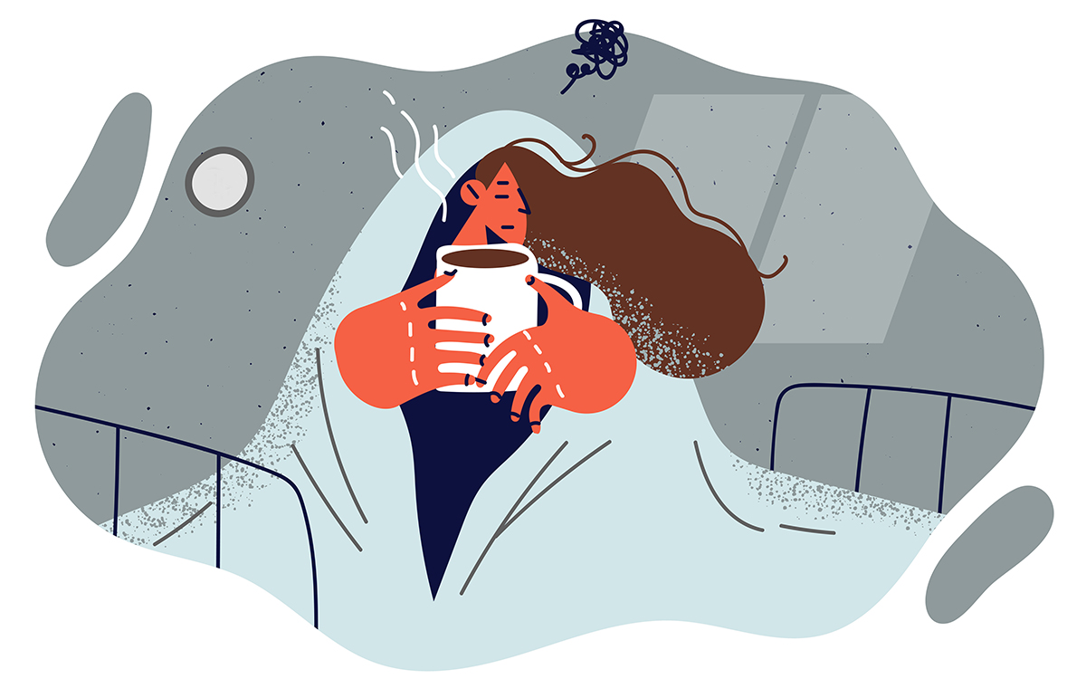 コーヒーマグを持ちながら布団をかぶって落ち込んだ様子の人のイラスト
