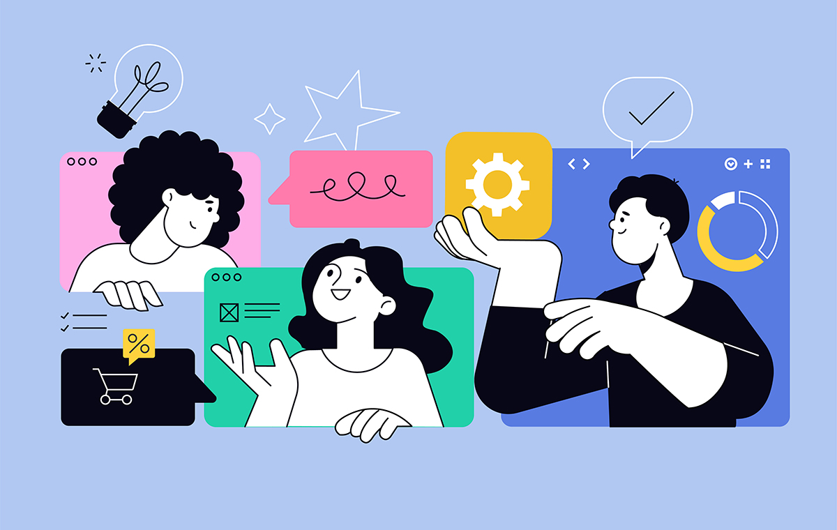 仕事仲間3人のイメージイラスト 3人の周囲にグラフやショッピングカートのアイコンなどが描かれている