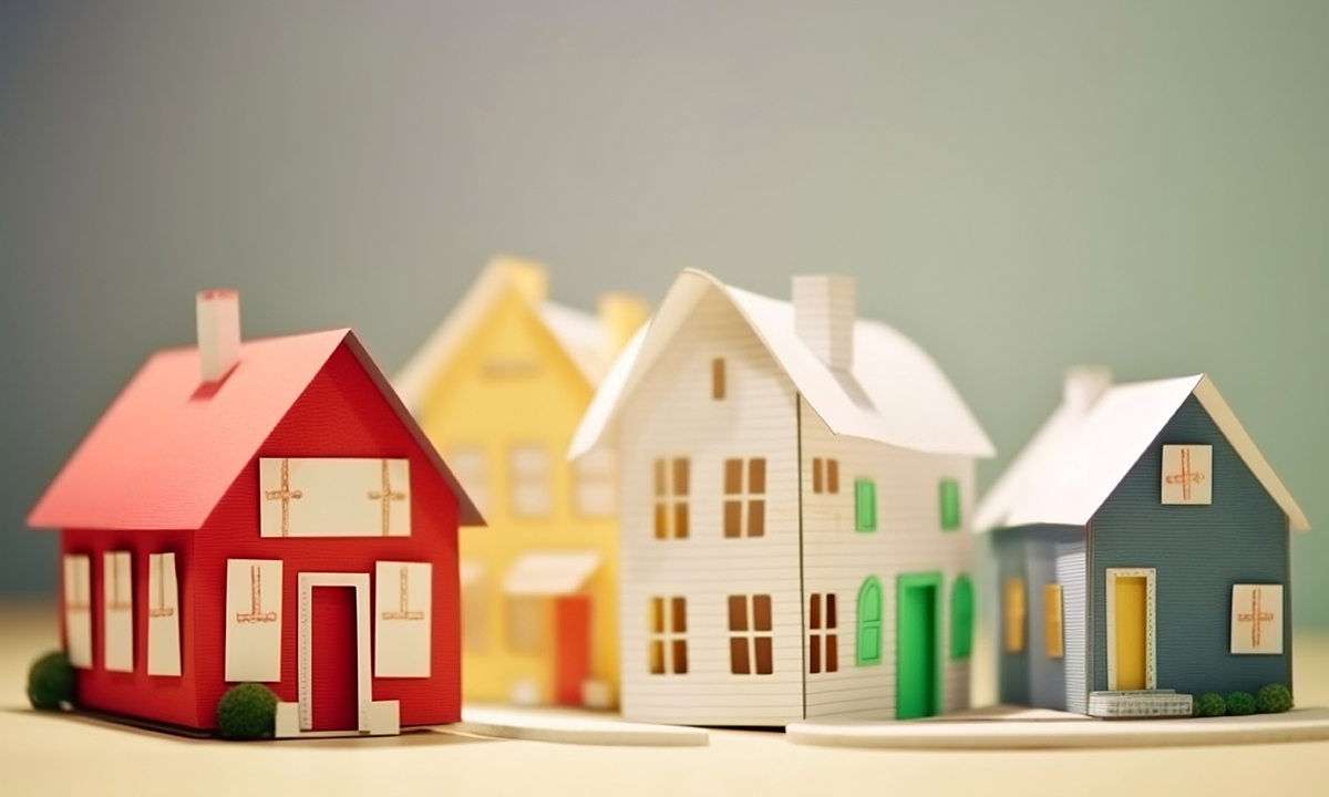 ペーパークラフトの家が並んだ様子