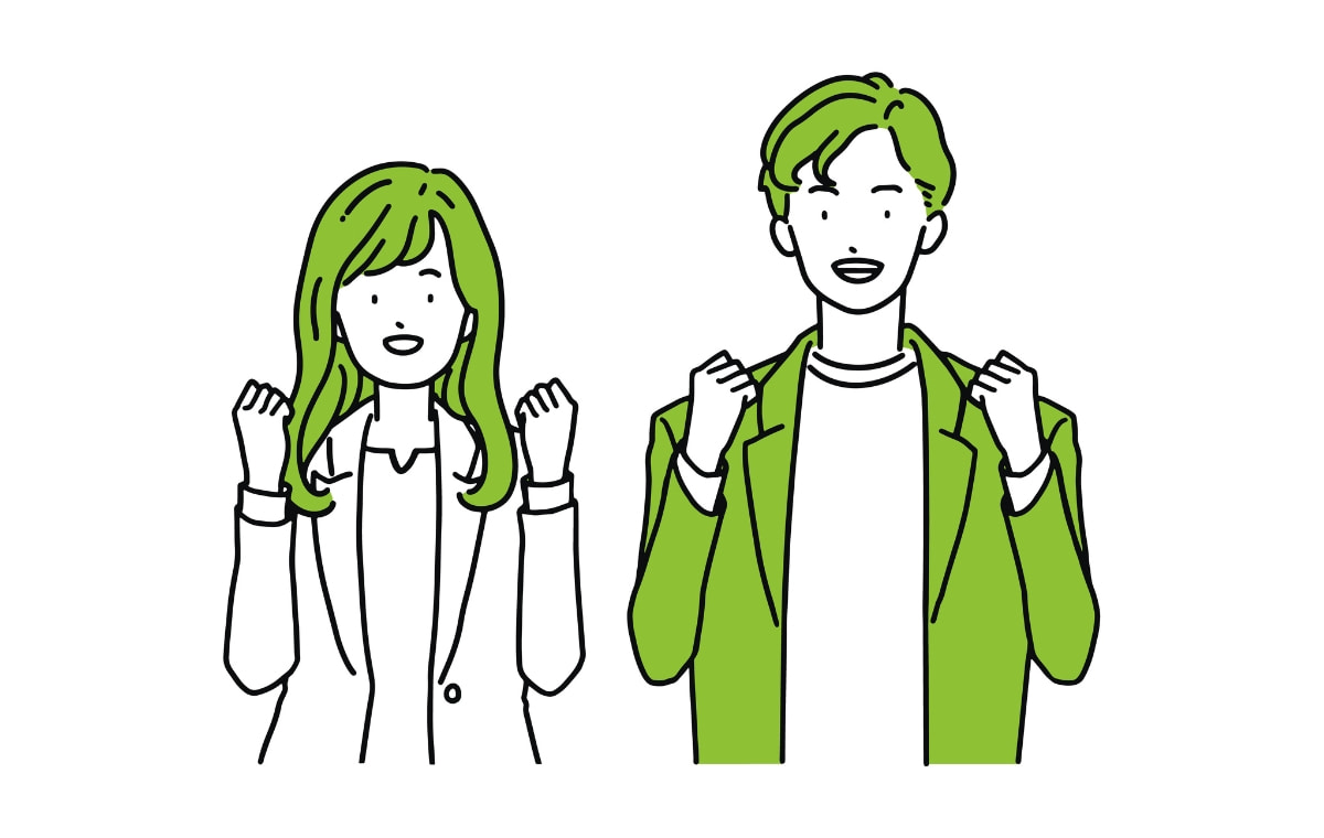 ガッツポーズをするビジネスウーマンとビジネスマンのイラスト