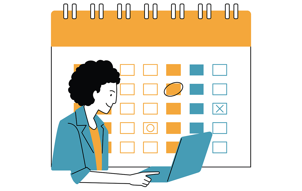 カレンダーとPCを操作する女性 イラスト