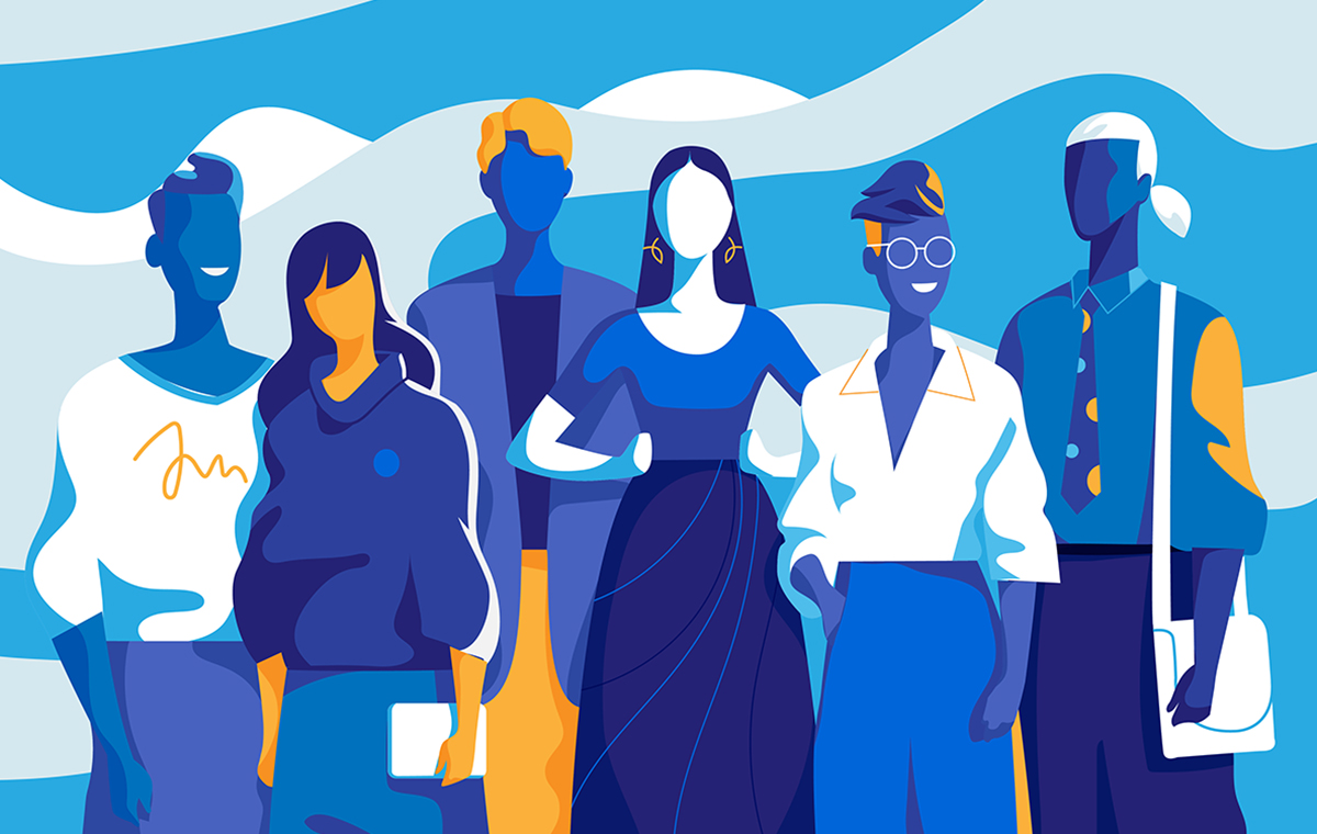 正面を向く 数名の男女 イラスト