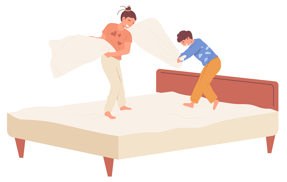 ベッドの上に立って枕や毛布で遊ぶ姉と弟のイラスト