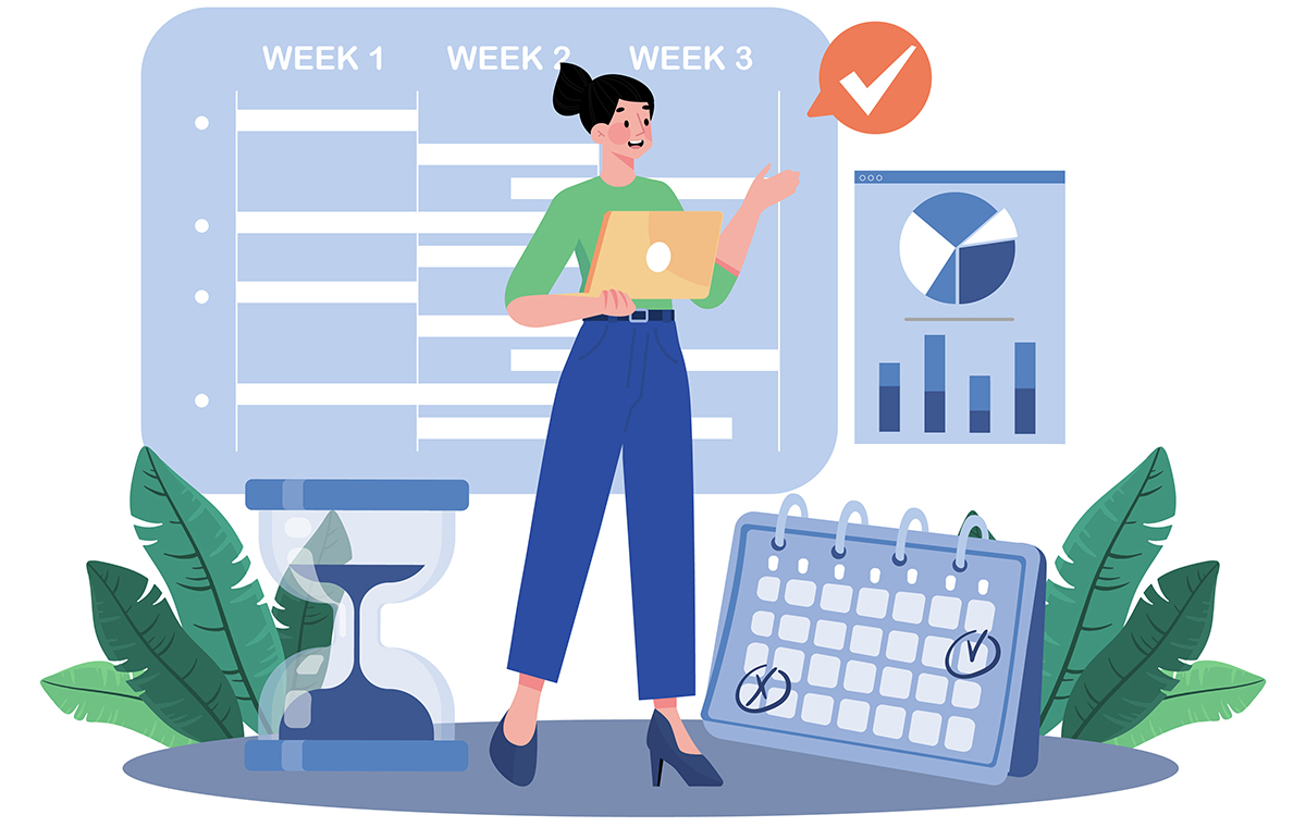 課題のチェックをしている女性 イラスト