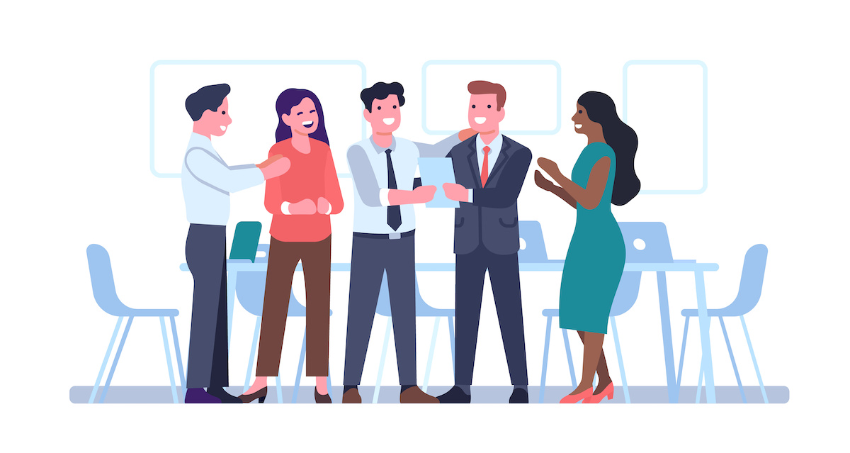 メンバーの成功を喜び、拍手したり称えたりしているチームのイラスト